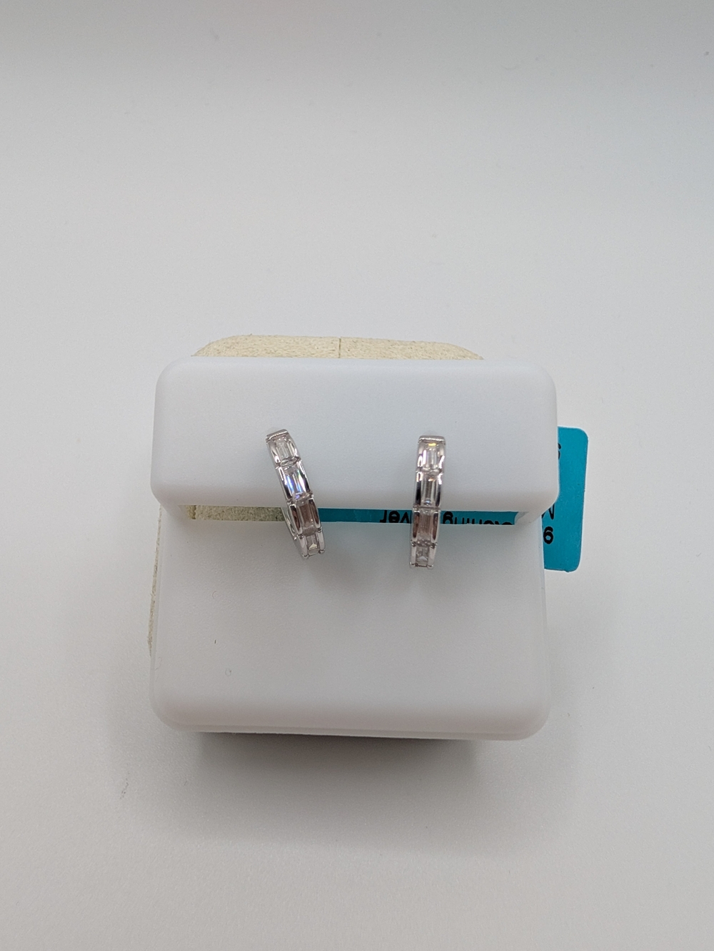 Sterling Silver Hoop Earrings with Clear baguette stones - White